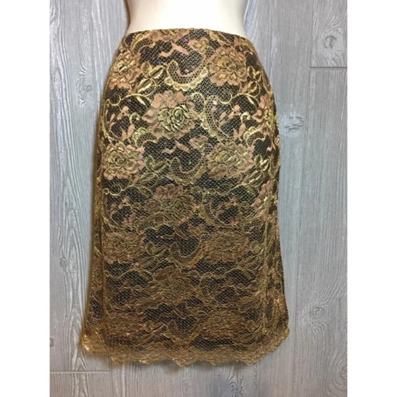 Trina Turk Gold Lace Sequined Skirt 2 $240 - Picture 1 of 5
